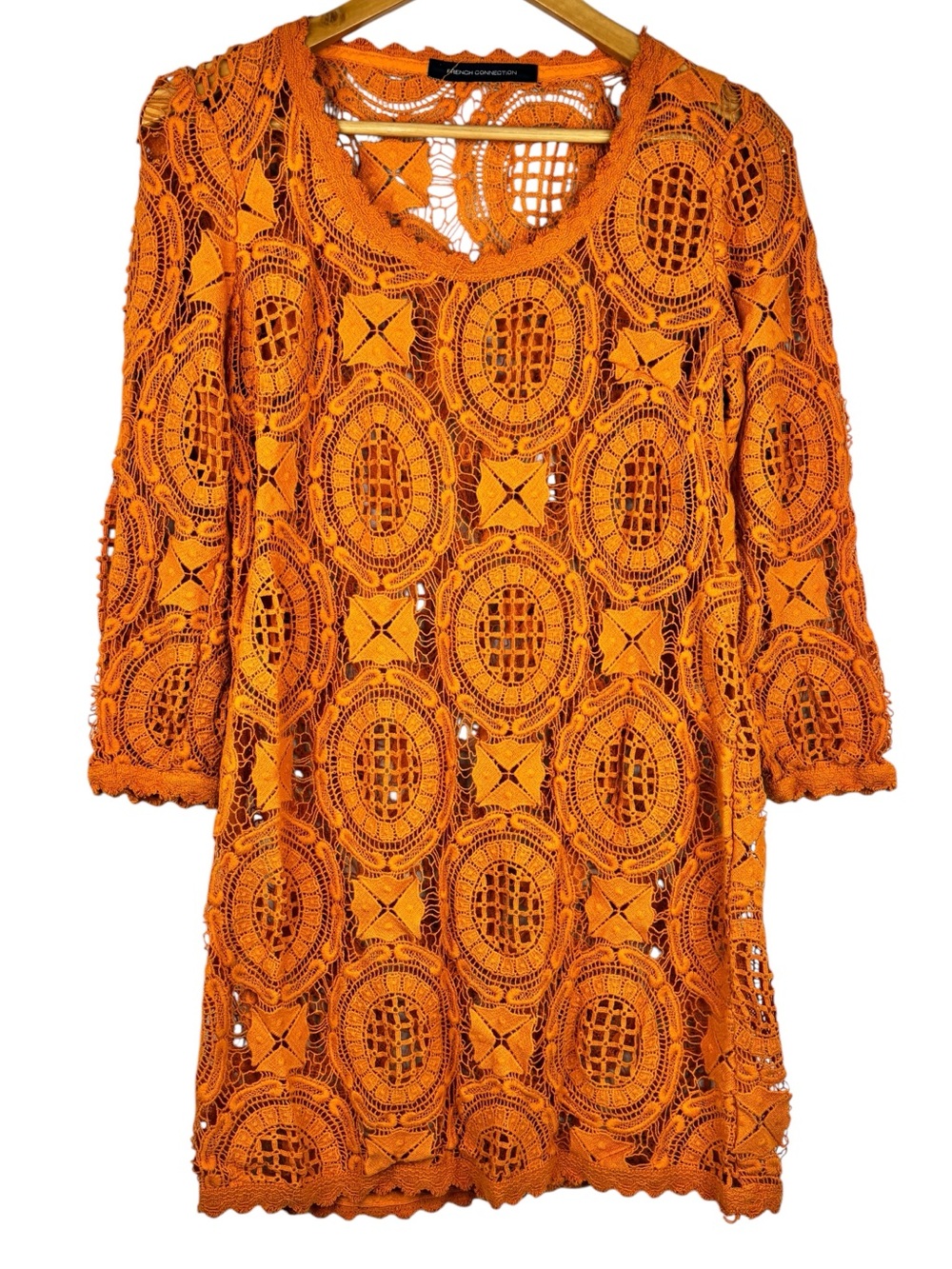 French Connection Orange Circular Medallion Pattern Crochet Lace Cover Up Dress
